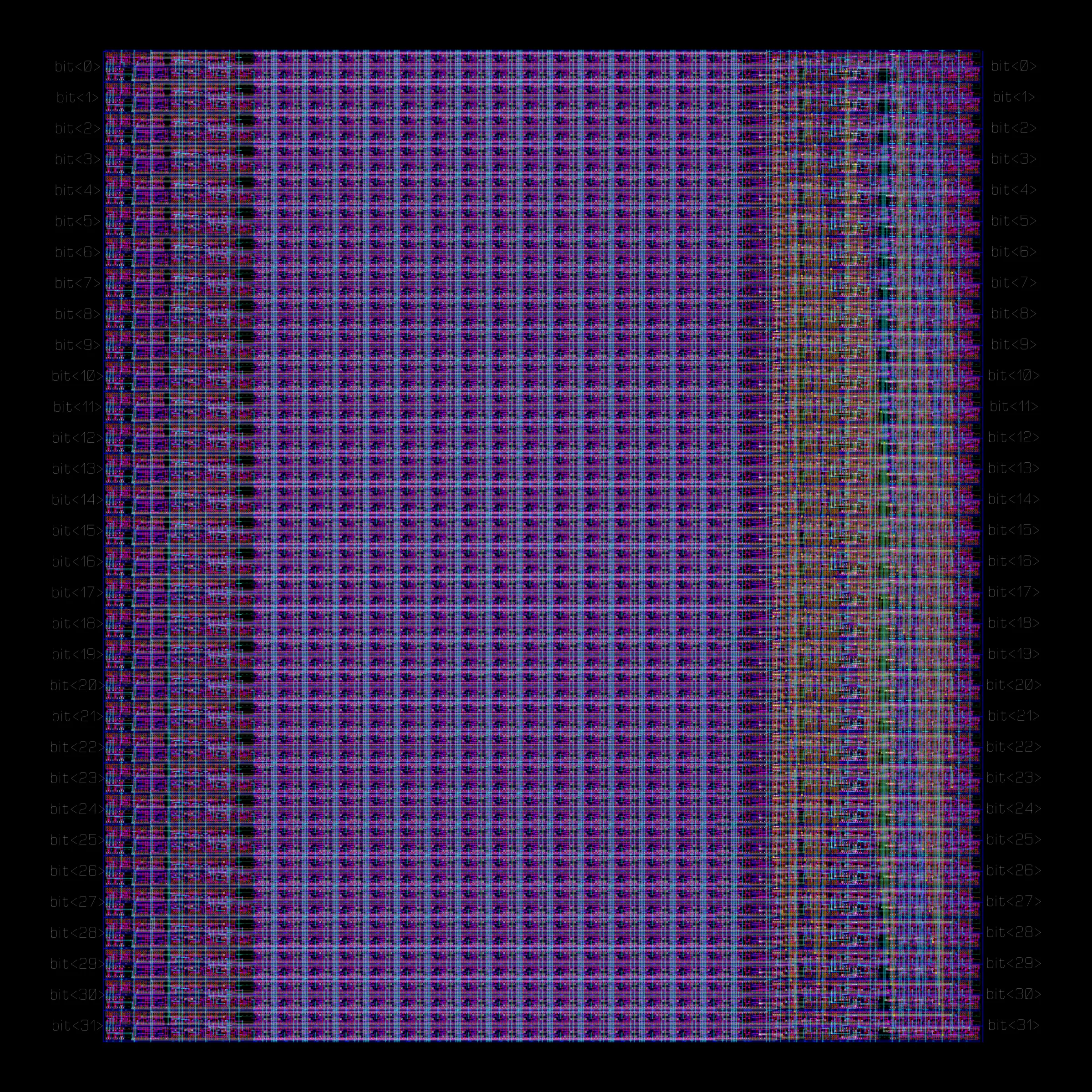 Full 32-bit bit-sliced RISC-V datapath physical layout with shifter