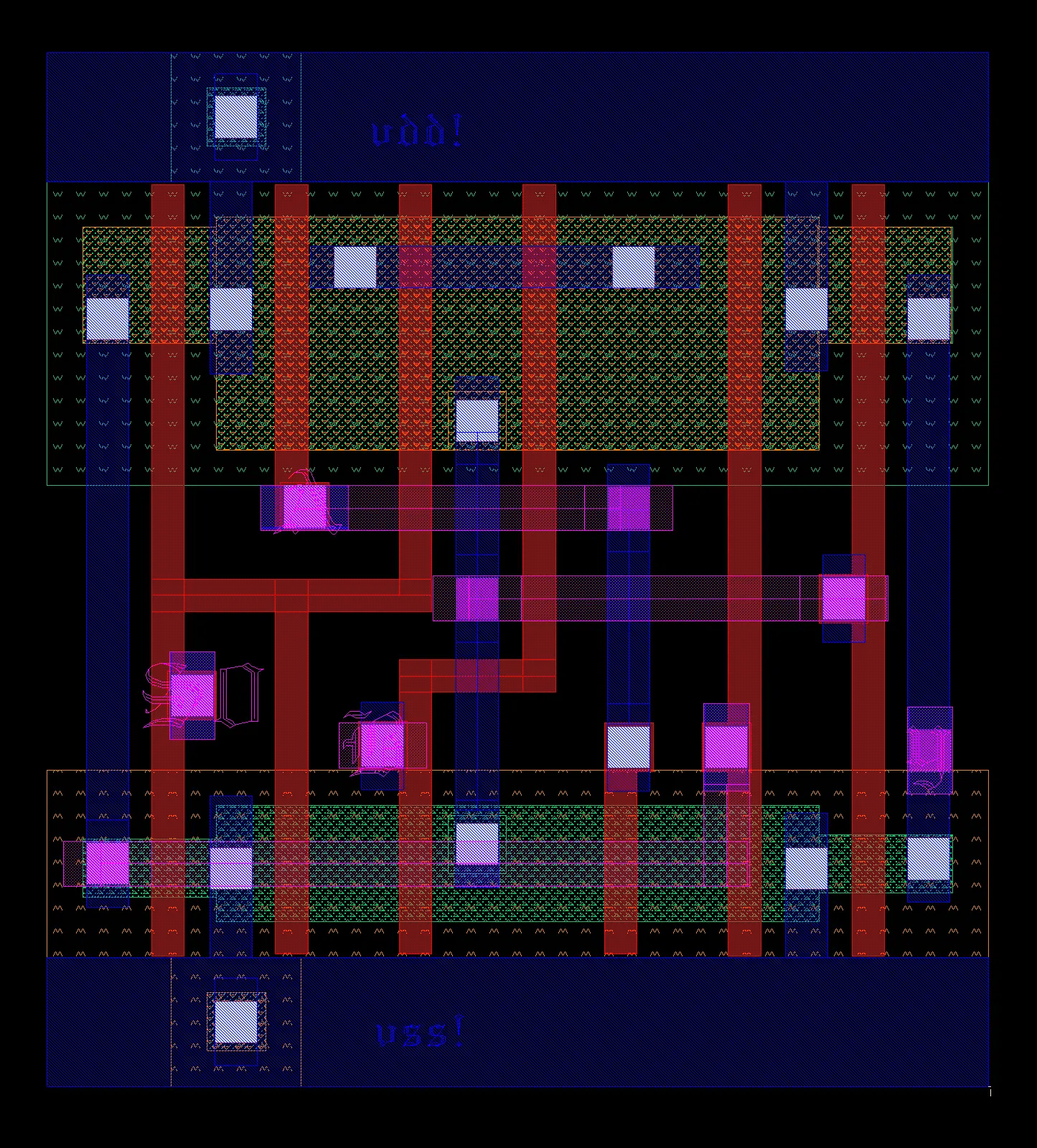 Custom CMOS two-to-one multiplexer physical layout
