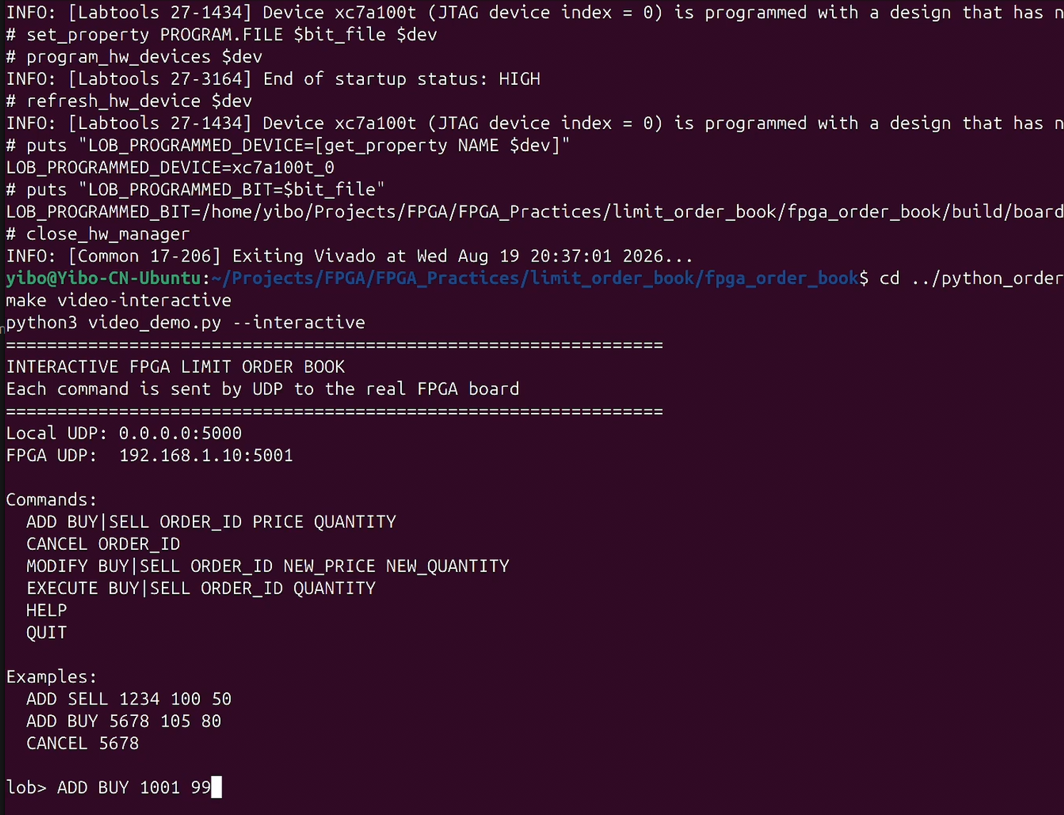 Python CLI session connected to the FPGA limit order book